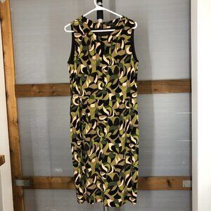 Tahari ASL Abstract Print Green Brown Cream‎ Sleeveless Midi Dress Sz14